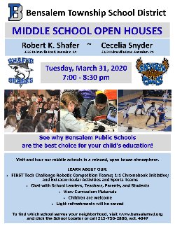 Flyer advertising middle school open houses. 3 photos show band member at their concert, a boy and girl working on a STEM project and girls competing in a basketball game.